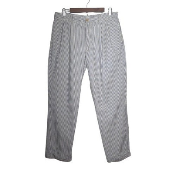 Bills Khakis Pants Mens 35 Seersucker Tapered Pleated Pinstripe Cuffed